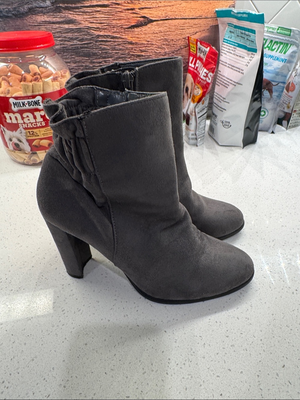 Impo Gray Suede Block Heel Ankle Booties
